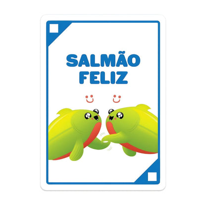 Carta «Salmão Feliz» com dois peixes verdes a cumprimentar-se