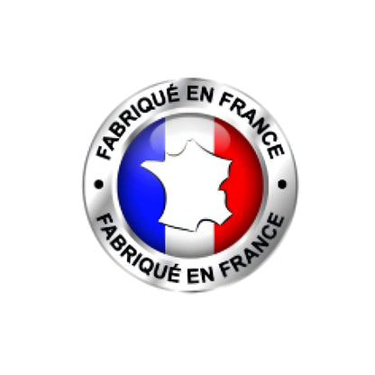 Selo circular «Fabriqué en France» com a bandeira francesa