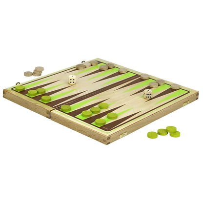 Tabuleiro do Jogo de Gamão aberto, com peças verdes e dados