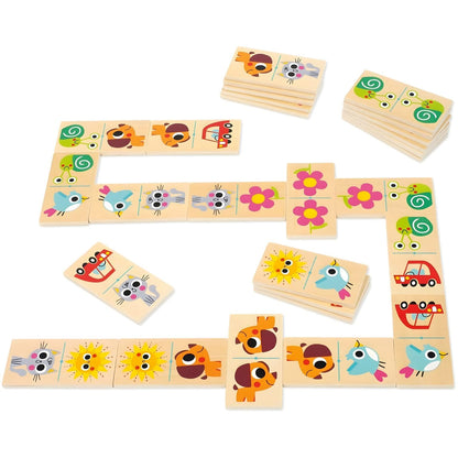 Peças do Jogo Macro Dominó com flores, sóis, carros e animais