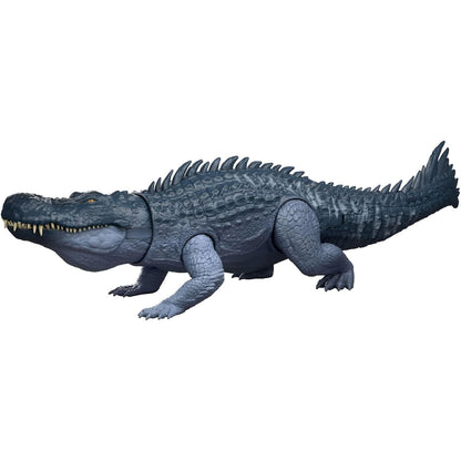 Figura Jurassic World Purussaurus azul-escuro de perfil, com boca de crocodilo