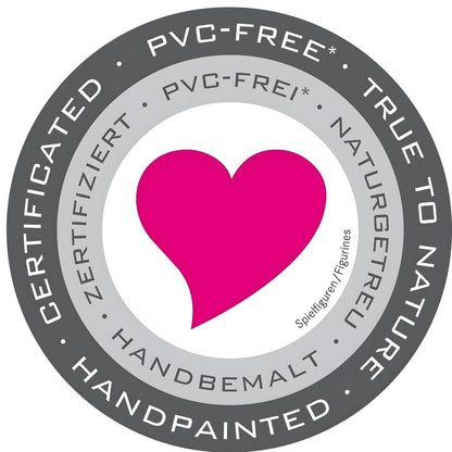 Selo circular «PVC-free, handpainted, true to nature» com coração rosa