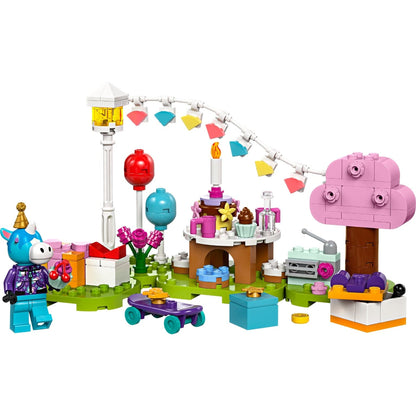 Lego Animal Crossing - Festa de anos do Julian montado com mesa de bolo, grinalda e figuras
