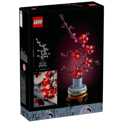 Verso da caixa do LEGO Botanicals 10369 Flor de Ameixa, com detalhes do conjunto de 327 peças para maiores de 18 anos.