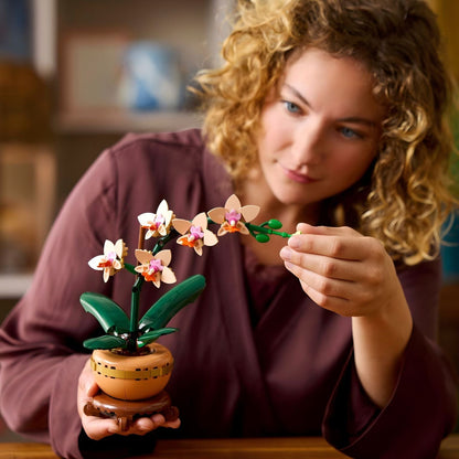 LEGO Botanicals Orquídea em Miniatura: mulher a ajustar as flores da orquídea montada