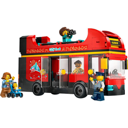 Autocarro turístico LEGO City vermelho de dois pisos montado, com minifiguras e câmara