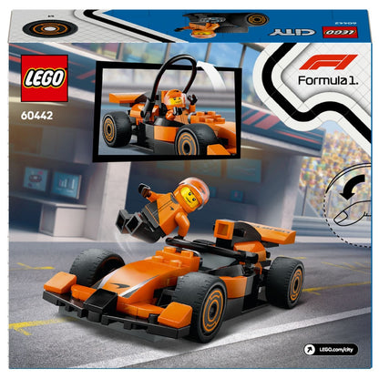 Lego City Piloto de F1 com Carro de Corrida McLaren: verso da caixa com piloto e carro em pista