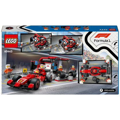 Traseira da caixa do Lego City Boxe de F1 e Equipa da Boxe com Carro da Ferrari