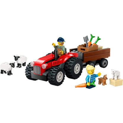 Trator LEGO vermelho com reboque de cenouras, agricultores e ovelhas