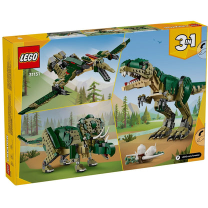 Parte de trás da caixa LEGO Creator T. rex com os três modelos possíveis