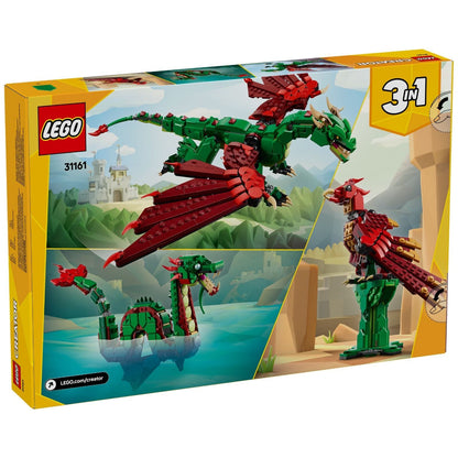 Parte de trás da caixa LEGO Creator Dragão Medieval com modelos alternativos