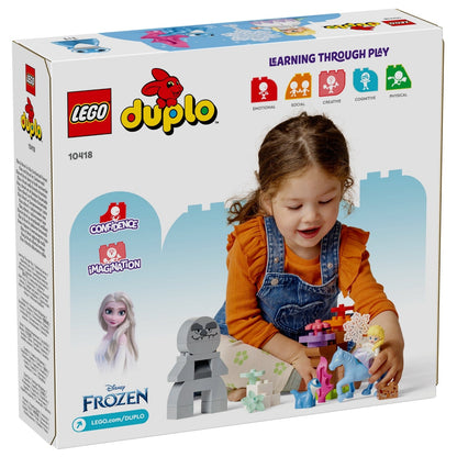 Parte de trás da caixa LEGO DUPLO Frozen 10418 com menina a brincar