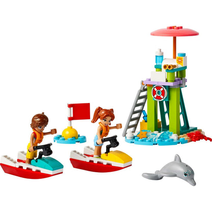 LEGO Friends Mota de Água de Praia montado com duas motas, torre e golfinho