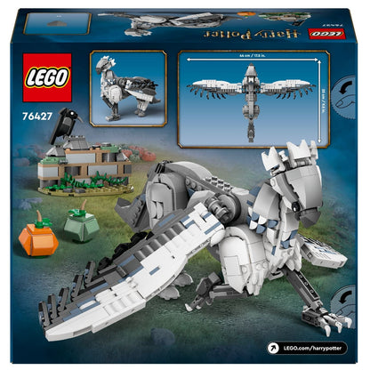 Parte de trás da caixa LEGO Harry Potter 76427 com o Bicuço em várias posições
