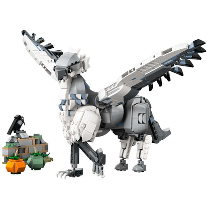 Hipogrifo LEGO Bicuço cinzento e branco de asas abertas com abóboras