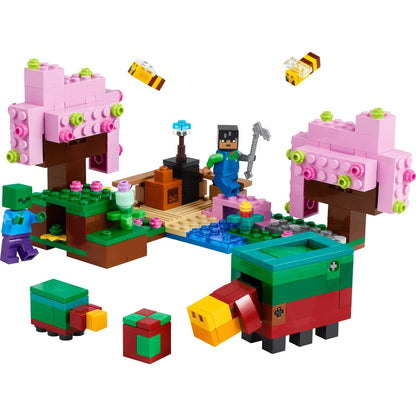 LEGO Minecraft O Jardim das Cerejeiras montado com árvores rosa e minifiguras