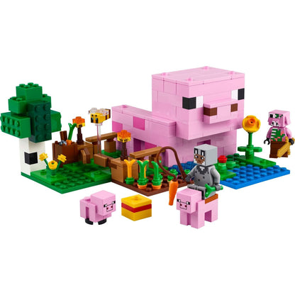 LEGO Minecraft A Casa do Porco Bebé montada com porcos e minifiguras