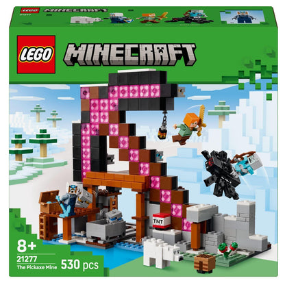Caixa do Lego Minecraft - A Mina Picareta com estrutura rosa e minifiguras