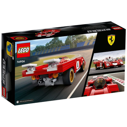 Parte de trás da caixa LEGO Ferrari 512 M com o carro em pista