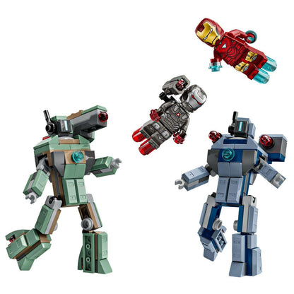 Lego Iron Man e Máquina de Guerra: armaduras montadas e dois drones Hammer