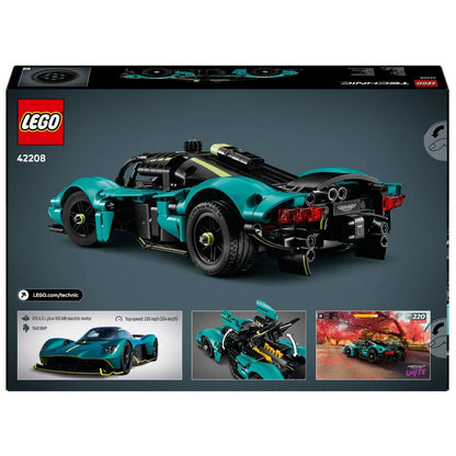Verso da caixa do Lego Technic Aston Martin Valkyrie com o carro visto de trás e detalhes da construção