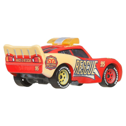 Traseira do Lightning McQueen Race & Rescue com aileron e emblema Race & Rescue