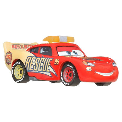 Lightning McQueen Race & Rescue vermelho e creme com inscrição «Rescue» e luzes no tejadilho