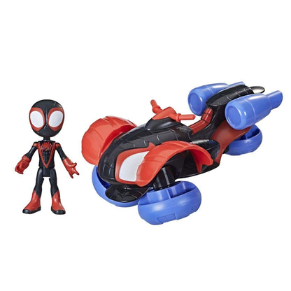 Figura do Miles Morales ao lado do Aracno Triciclo vermelho e azul