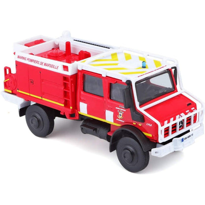 Mercedes-Benz Unimog U5000 da Bburago, vista dianteira elevada com decoração dos bombeiros de Marselha