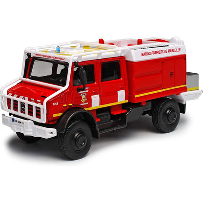 Mercedes-Benz Unimog U5000 da Bburago, vista dianteira com cabina vermelha e proteção branca