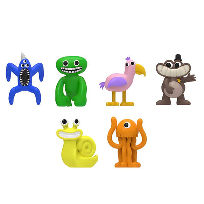 Seis minifiguras Garten of BanBan, incluindo a azul, verde e o caracol amarelo