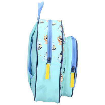 Lateral da Mochila Bluey Best Friends com fechos amarelos