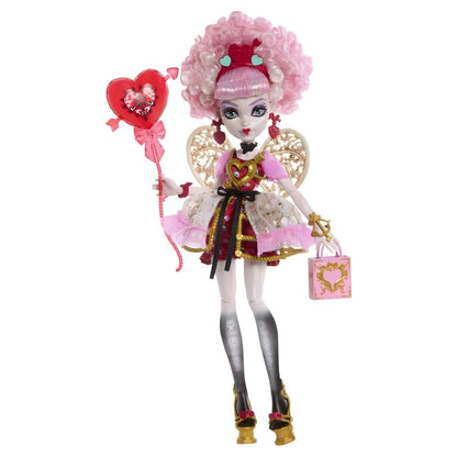 Boneca Cupid Asteria de cabelo rosa com balão e mala