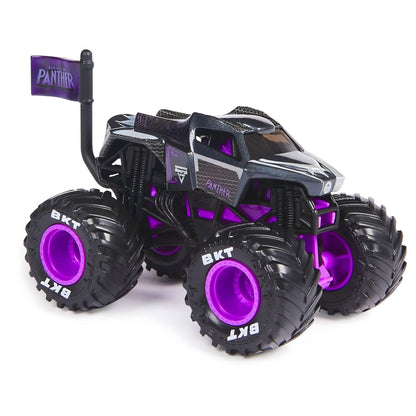 Monster truck Black Panther preto com jantes roxas e bandeira