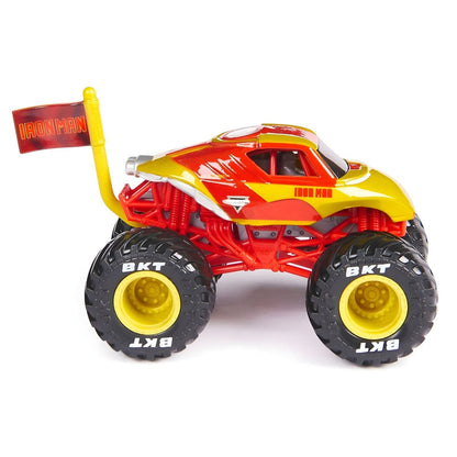 Monster Jam Marvel Iron Man: camião monstro vermelho e dourado, vista lateral