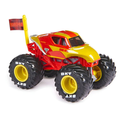 Monster Jam Marvel Iron Man: camião vermelho e dourado com pneus grandes, vista lateral dianteira