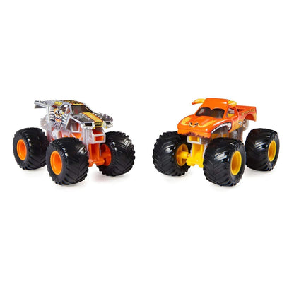 Camiões Monster Jam Max D prateado e El Toro Loco laranja