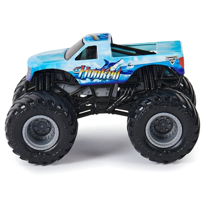 Conjunto Monster Jam: monster truck Hooked azul e branco com rodas pretas