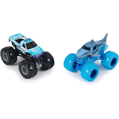 Conjunto Monster Jam Megalodon vs Hooked: os dois monster trucks lado a lado