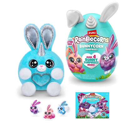 Peluche Rainbocorns BunnyCorn azul com o ovo, figuras pequenas e folheto