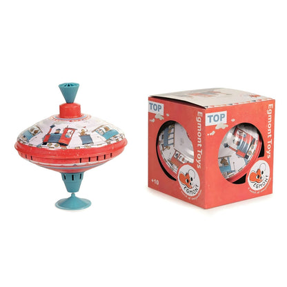 Pião Comboio da Egmont Toys ao lado da sua caixa