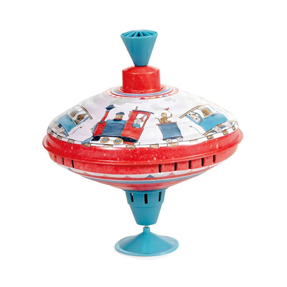 Pião Comboio da Egmont Toys em metal, vermelho e branco com comboios ilustrados