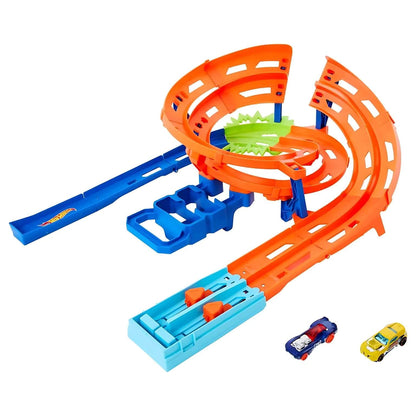 Pista Hot Wheels laranja e azul em espiral com lançador e dois carrinhos