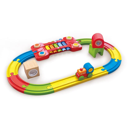 Pista de Comboio sensorial em madeira oval com xilofone, túnel e locomotiva