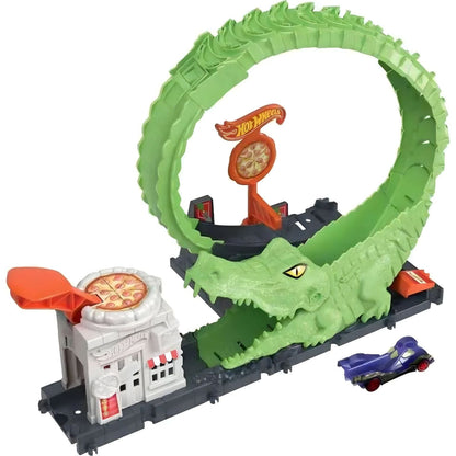 Pista Hot Wheels com looping em forma de crocodilo e carros