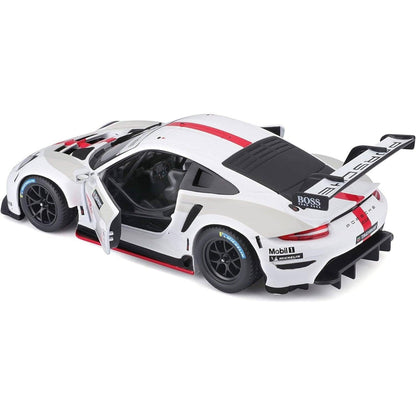 Porsche 911 RSR GT Bburago visto de trás e de lado, com porta aberta, aileron e detalhes vermelhos