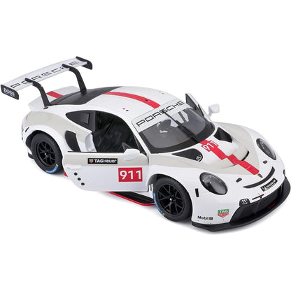 Porsche 911 RSR GT Bburago visto de cima e de frente, com as portas abertas e interior visível