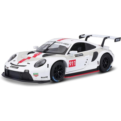 Porsche 911 RSR GT Bburago visto de frente e de lado, com número 911, jantes pretas e aileron traseiro