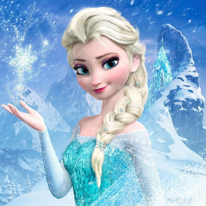 Ilustração da Elsa de Frozen com flocos de neve e montanhas geladas