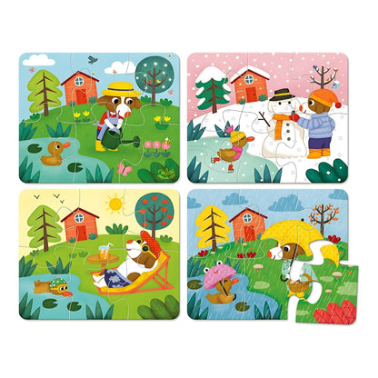 Os quatro puzzles montados: primavera, verão, outono e inverno